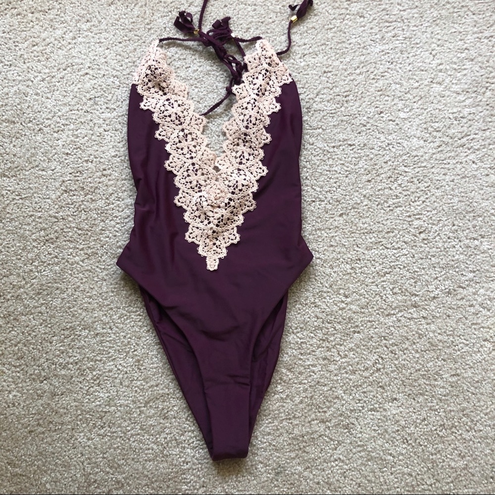burgundy lace one piece swimsuit